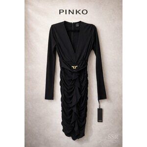 Pinko Caldo Dress Black Ruched Midi Love Birds Gold Buckle V-Neck Long Sleeve NW
